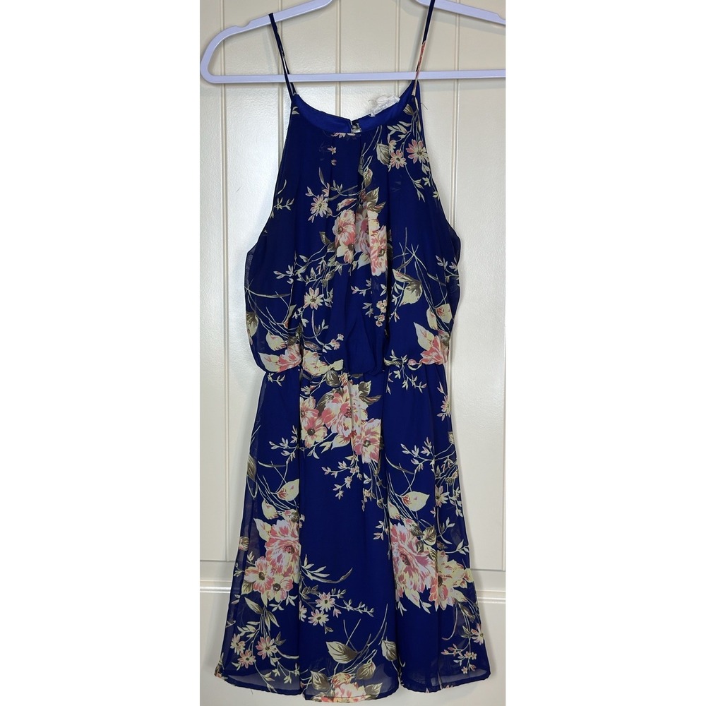 Peach Royal blue floral open back high neck sleeveless dress sz‎ S, GUC